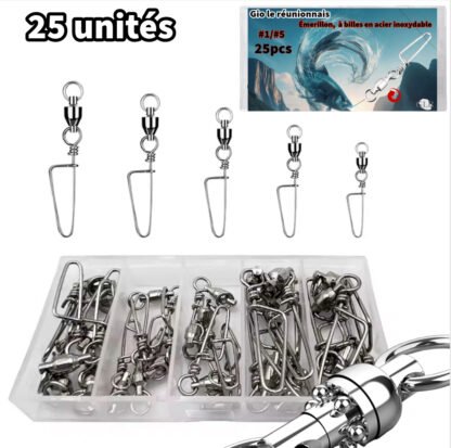 Boite de 25 Émerillons à Agrafes de Pêche à Roulement à Bille en Acier Inoxydable 🎣
