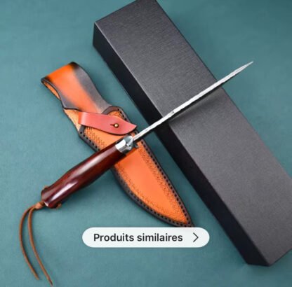 Couteau à lame Fixe en Acier Damas – Manche en Palissandre & Fourreau en Cuir – Image 4
