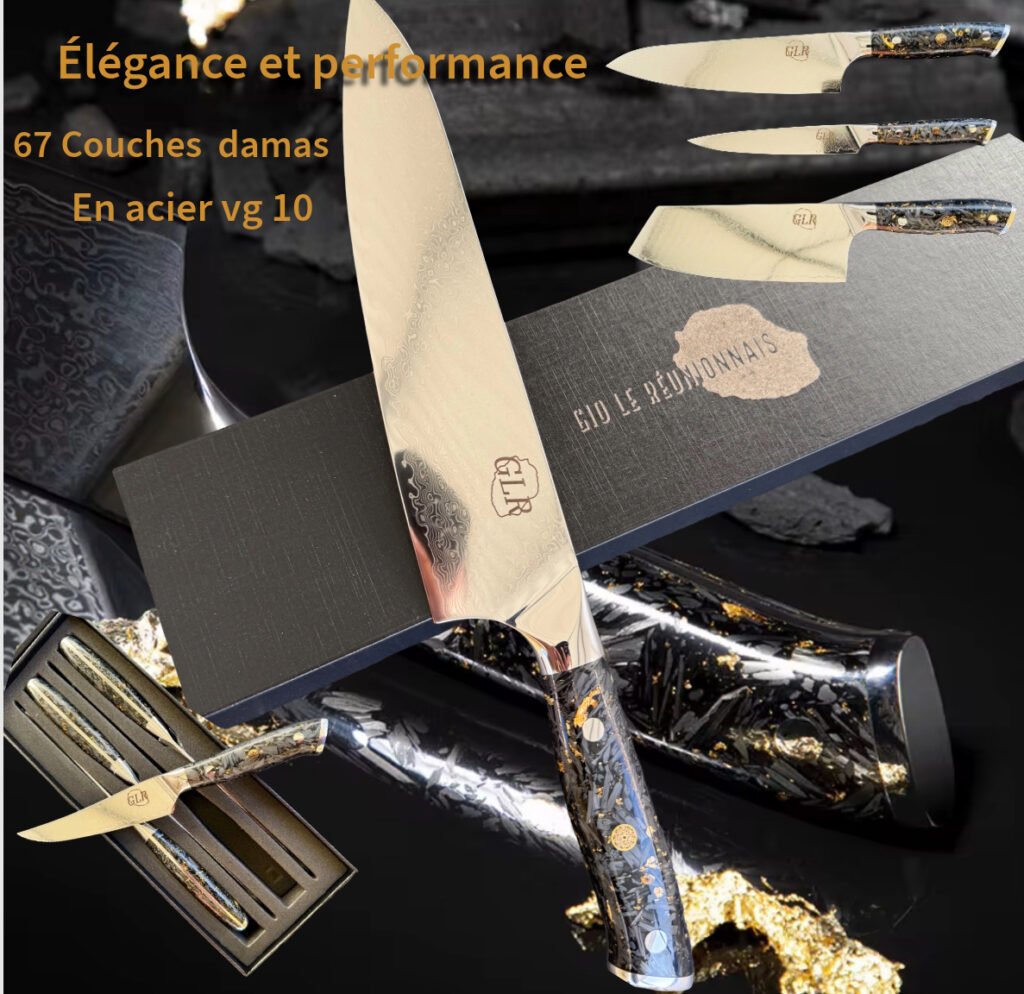 Couteaux et Affûteur avec manche en fibres de carbone et feuilles d'or imprégnés dans une résine transparente