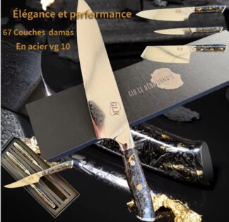 Couteaux avec manche en fibres de carbone et feuilles d'or imprégnés dans une résine transparente
