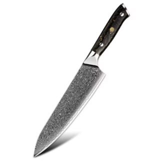 Couteau de chef professionnel en acier inoxydable de 67 couches Damas VG10 (manche en fibre de carbone et feuilles d'or))