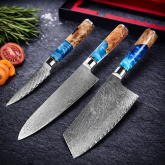 Couteaux en acier de 67 couches Damas VG10 | Manche bois de ronce & résine bleue